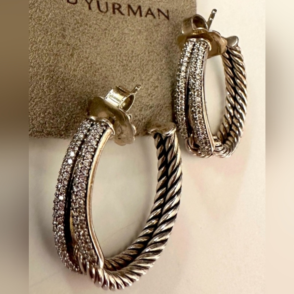 Authentic David Yurman Diamond Labyrinth Sterling Earrings 25mm wide